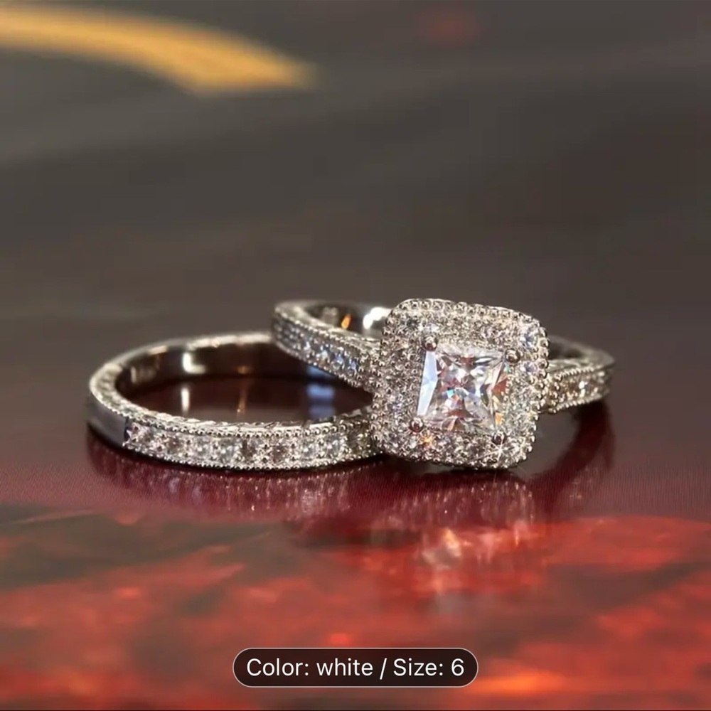 2pc Princess Bridal Ring Set Wedding Ring Vintage Ring Band Simulated Diamond